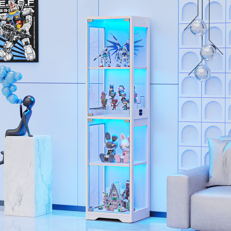 63" 4-Tier Curio Display Cabinet with Handleless Pop-Up Glass Door, 3-Color Motion Activated LED Lighting , White
