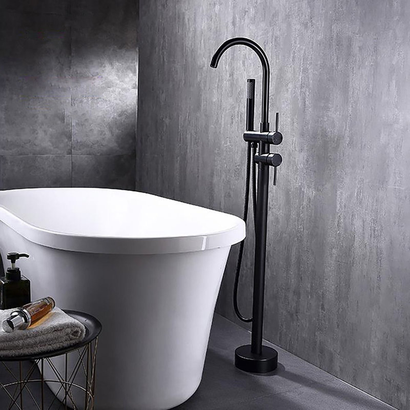 Black Round Freestanding Bath Tap With Shower, Matte Black