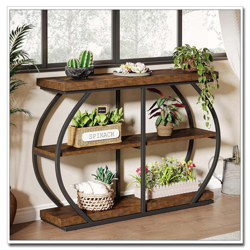 Industrial Three-Tier Console Table with Arched Metal Frame Storage