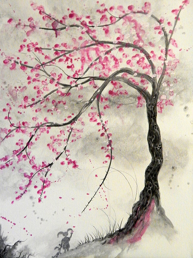 A cherry blossom tree with leaves flying in the wind with a japanese sun  drawing on Craiyon