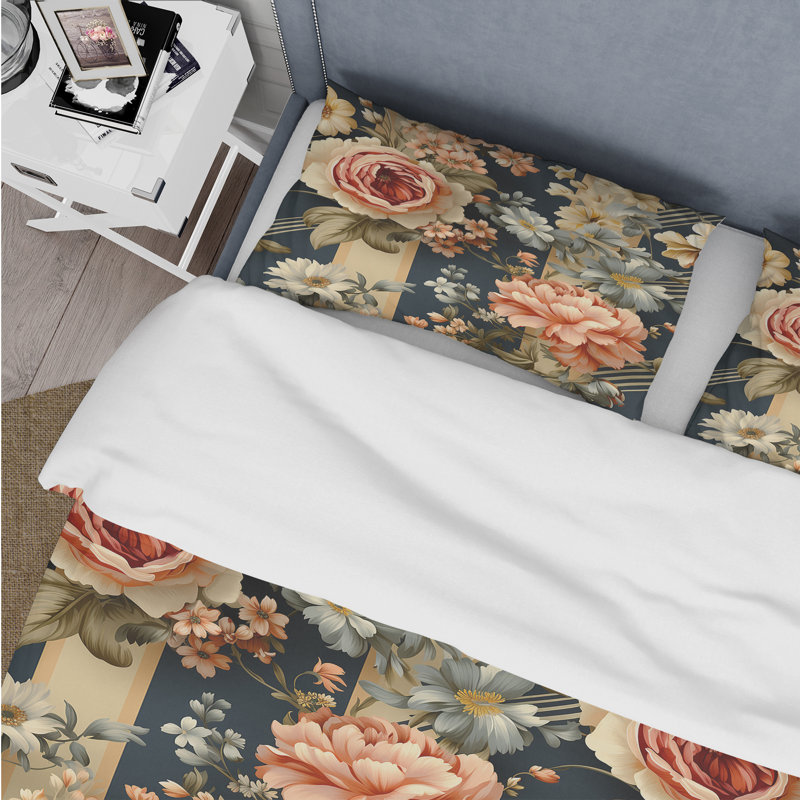 Peach And Blue Chic Elegance Peony Gardens Polyester Floral Duvet Cover Set, Twin Duvet Cover + 1 Standard Sham