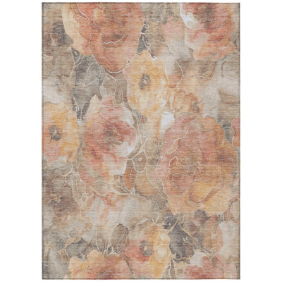 9' X 12' Peach And Gray Floral Washable Indoor Outdoor Area Rug