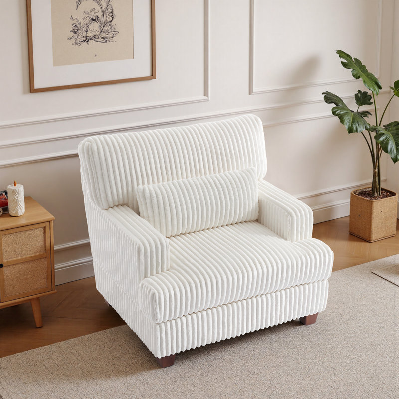 Ermia Modern Upholstered Faux Fur Arm Accent Chair with Pillow, Beige
