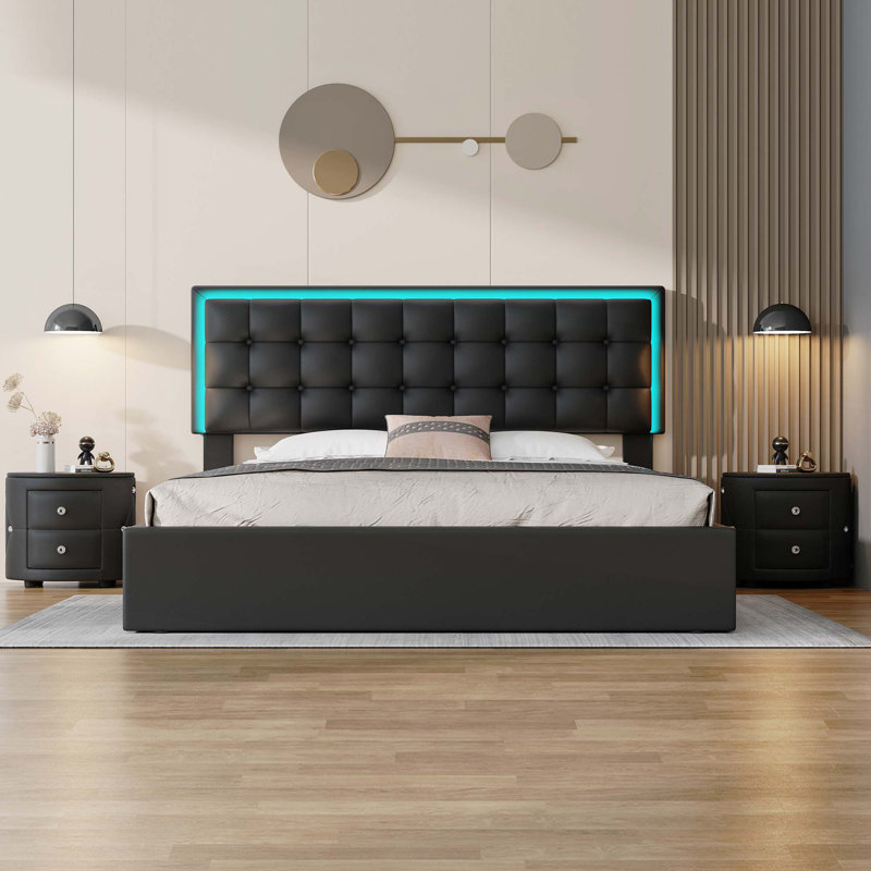Ensemble de chambre à coucher 3 pièces, lit tapissier grand avec lumières DEL, système de rangement hydraulique, deux tables de chevet avec décoration en cristal, noir