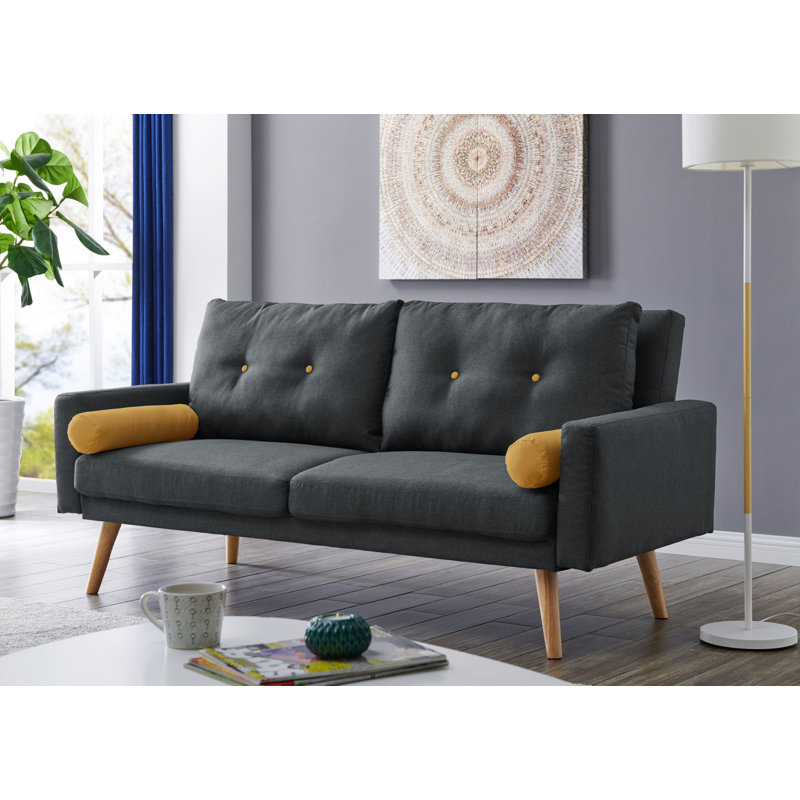 Furrier 2 Seater Sleeper, Charcoal with Mustard Bolster cushions