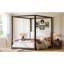 Lit plateforme à baldaquin en bois grand avec tête de lit tapissier, structure espresso et tissu blanc-717489692-717489693