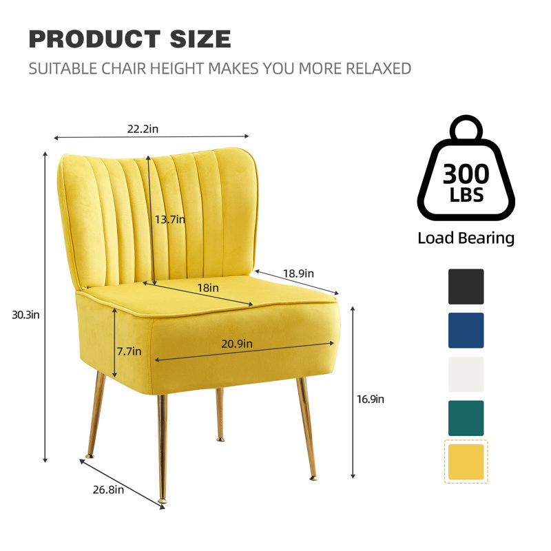 Accent Side Chair With Gold Legs, Yellow Velvet