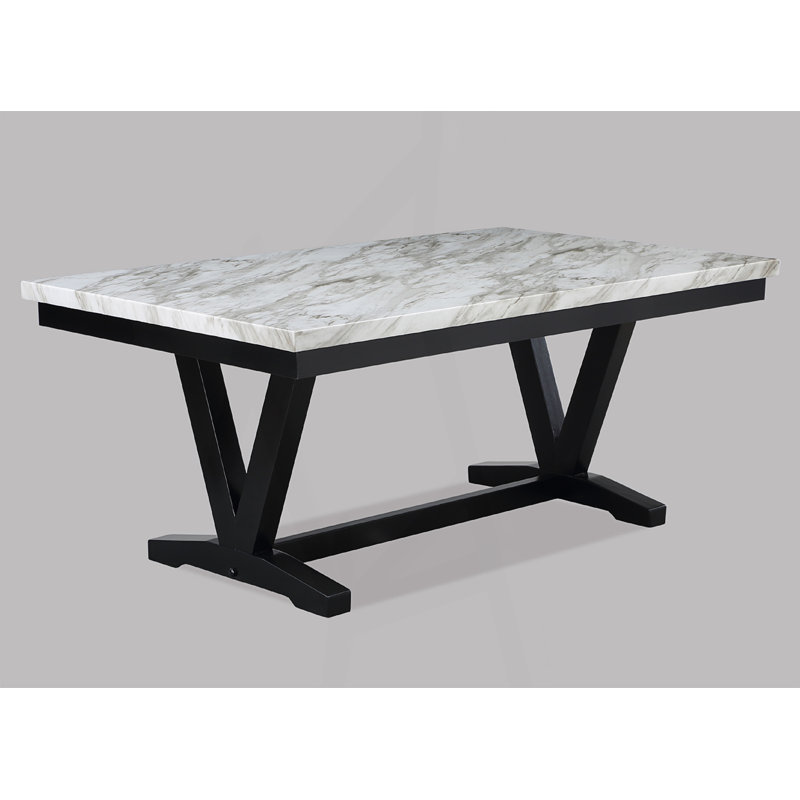 Table de salle à manger rectangulaire moderne en faux marbre avec base en tréteaux en forme de V, table de cuisine