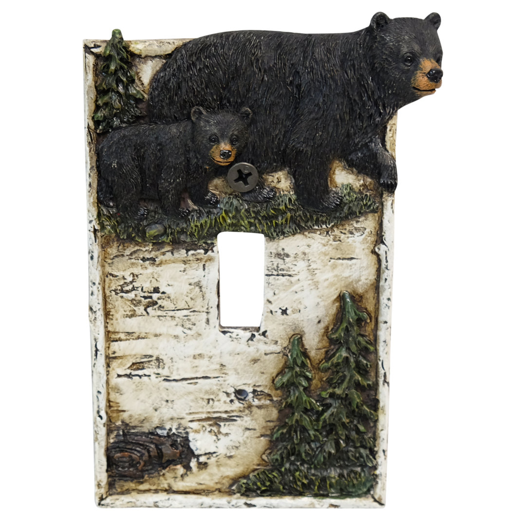 Black Bears on Birch Wood Single Toggle Switch Decorative 1-Gang Wall Plate / Switch Cover (Set of 2) De Leon Collections