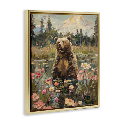  Bear in Floral Pond Framed Floater Canvas Wall Art by Arlington Prints