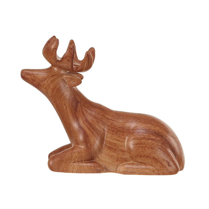 Cerf couché en grès avec finition en bois