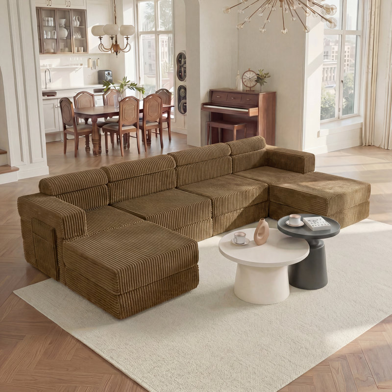  Sisler 6 Piece 141.6" Oversized L Shape Upholstered Convertible Modular Corduroy Compression Sofa with Storage Pockets, No Assembly