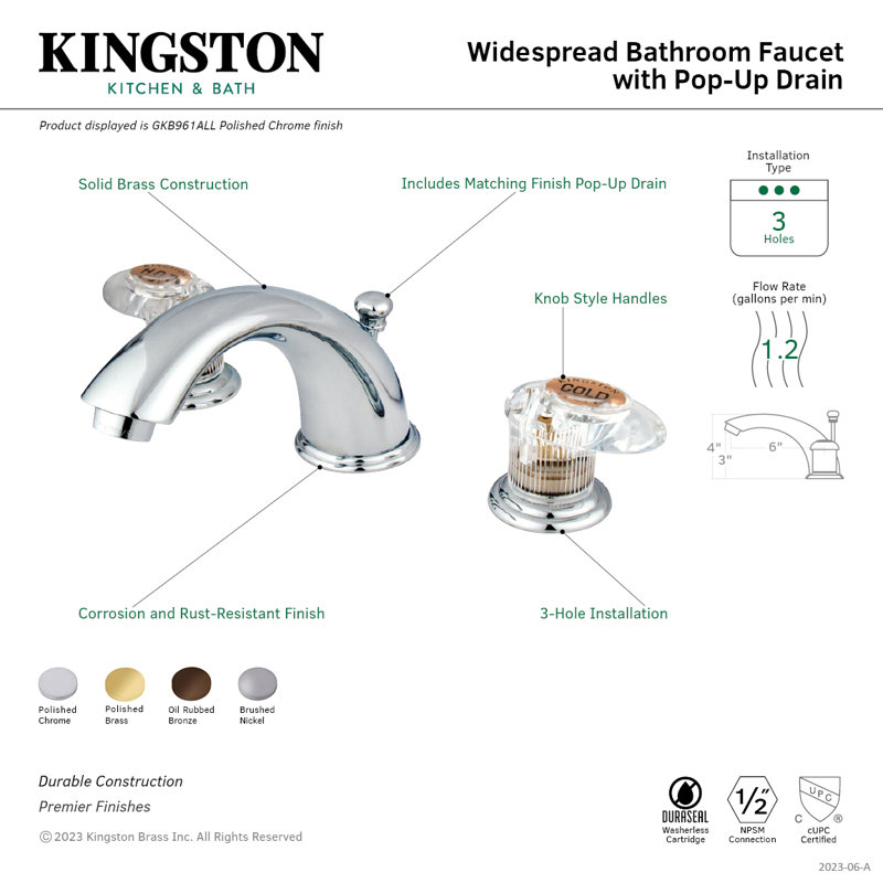 Kingston Brass Victorian Two-Handle 3-Hole Deck Mount Widespread Bathroom Faucet with Retail Pop-Up Drain, Polished Brass