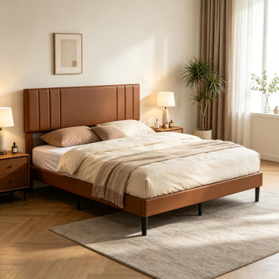 PU Leather Queen Size Platform Bed Frame with Upholstered Headboard, Wood Slat Support and No Box Spring Needed for Bedroom, Guest Room & Apartment