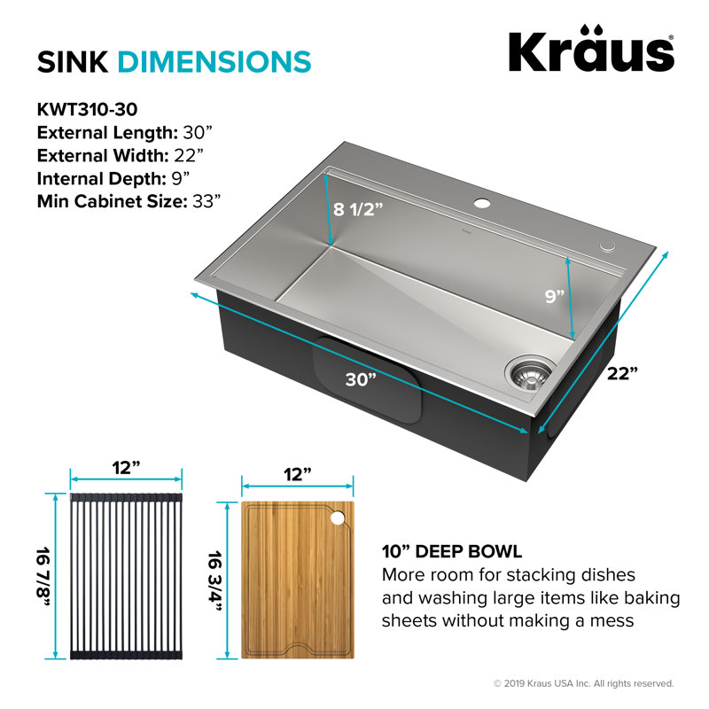 Kore 30" L x 19" W Drop-in Kitchen Sink with Accessories