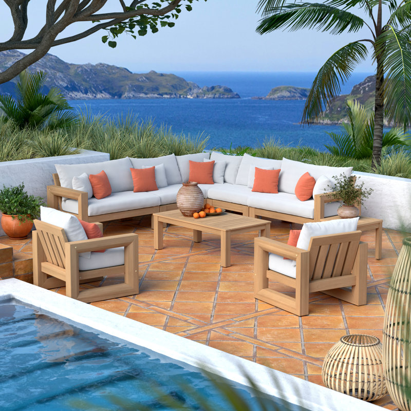 Sehrish Acacia 8 - Person Patio Conversation Set with Cushions, Cast Coral Sunbrella® Plainweave