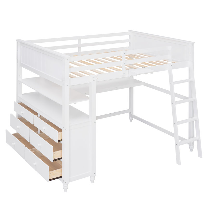 Loft Bed With Drawers And Desk, Wooden Loft Bed With Shelves, Full, White
