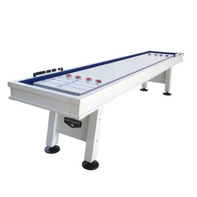 Hathaway Crestline 12 Ft Outdoor Shuffleboard Table for Patio, Yard & Deck - With Weatherproof Playfield, Built-In Scorer & Fitted Cover, Leg Levelers, 8 Pucks, Wax – White Finish
