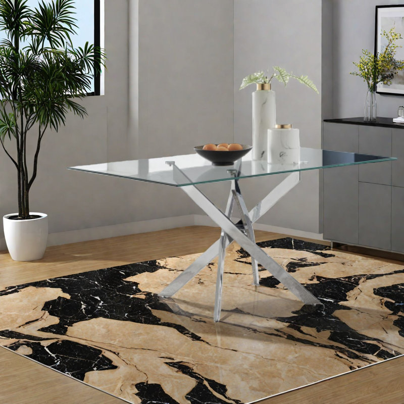 Table de salle à manger moderne avec plateau en verre, structure en métal argenté, style contemporain compact pour les maisons