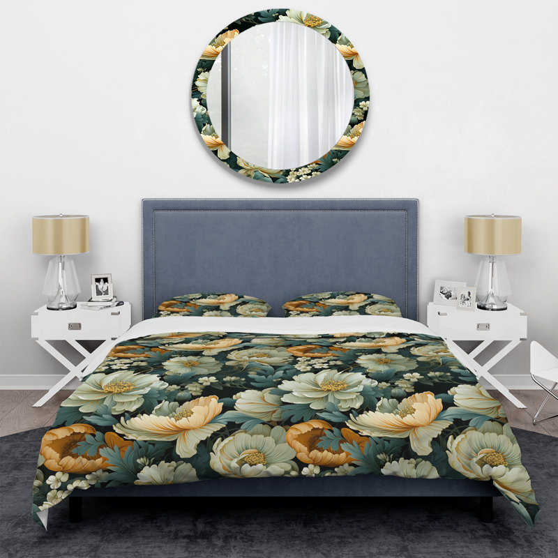 Botanical Green Damask Harmony I - Ensemble de housse de couette damassé, Housse de couette simple + 1 taie décorative stan