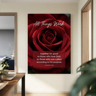 1Pc Framed Canvas Poster Print Red rose in close-up, text overlay with biblical quote, Soft gradient background art style. Wall Art Decor, Perfect for Room Decor Living Room Bedroom Office Kitchen Bathroom Home Decor, Ideal Home Wall Decoration Gift