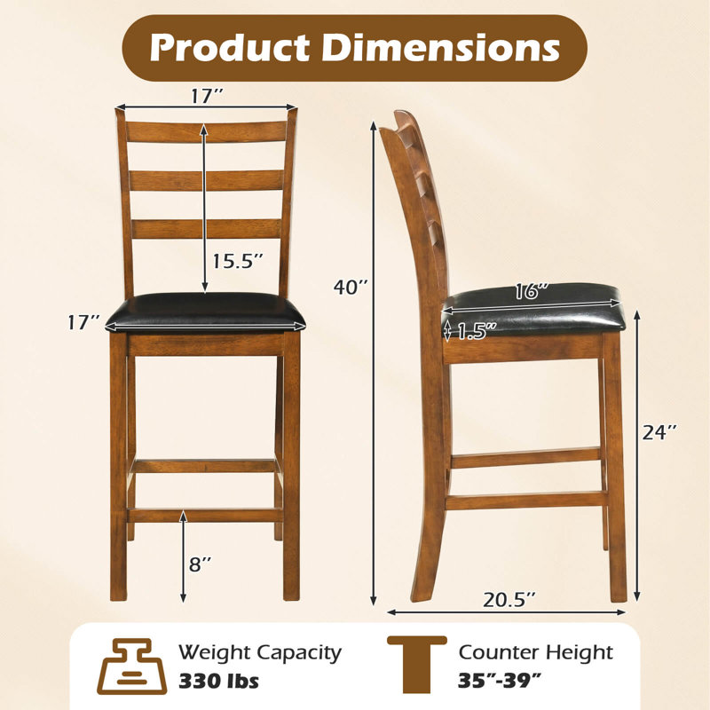 Ensemble de 2 tabourets de bar en bois d'hévéa 24 po avec 2 sièges rembourrés, 2