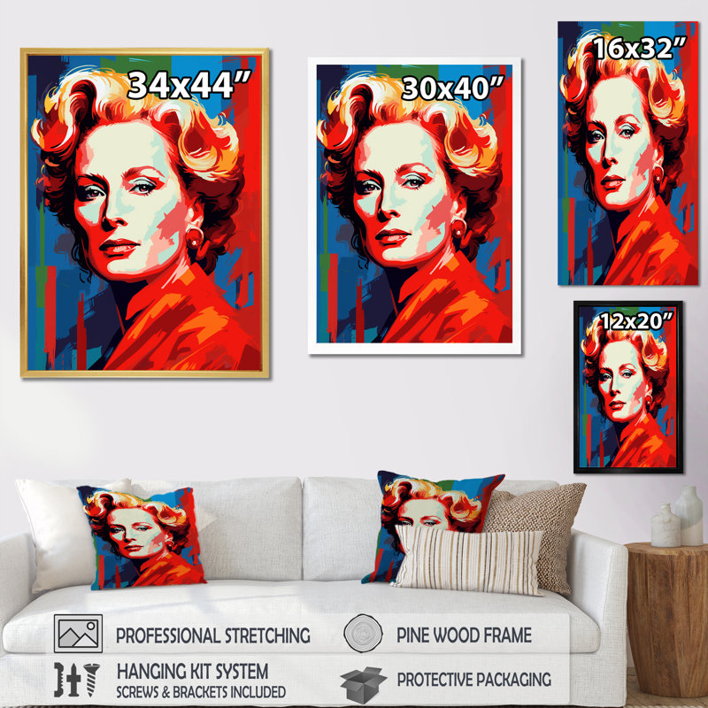 Popart Streep In Scarlet - Portrait, reproduction d'art sur toile_105857, H 40 po x l 30 po x P 1,5 po, Cadre flottant noir