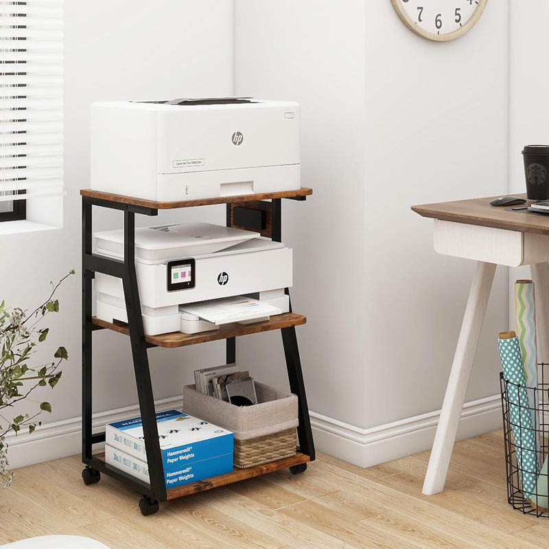Grand bureau pour imprimante 19,7 po x 15,7 po x 29,5 po avec tablette de rangement réglable sur roulettes, Brun