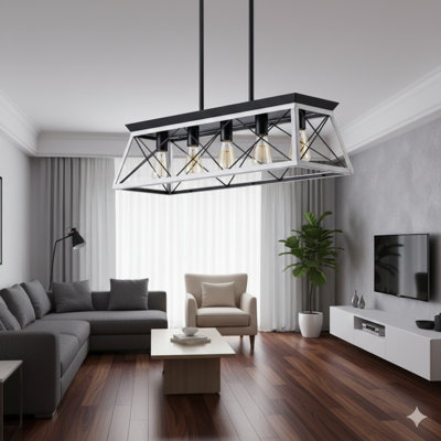 A 32-Inch Black And White Industrial Five-Light Pendant Chandelier With A Modern Metal Cage Design And Adjustable Hanging Height, Suitable For Dining Rooms, Kitchens, And Living Rooms (Bulbs Are Not Included).