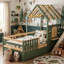 Kids Wooden House Bed Frame, 3ft Single Bed 90x190cm, Pine & MDF Bed with Safety Guardrail, 2 Rolling Storage Drawers, Playhouse Roof & Opening Window, Green & Natural Finish