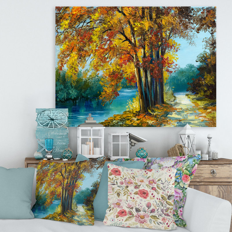 «Trees in Warm Autumn Colors» par Bright Blue River - peinture sur toile, H 24 po x l 32 po x P 1 po, Toile tendue