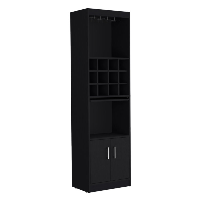 Armoire de bar moderne 71 pouces à 5 niveaux avec porte-verres à vin et porte-verres, Black