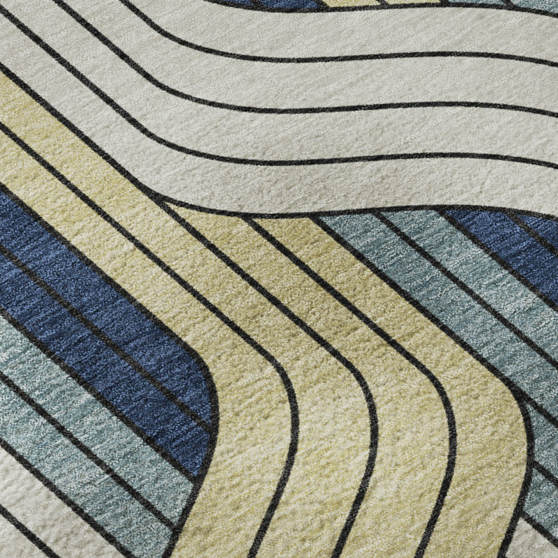 Premium Machine Washable Mayfield AMF2422 Striped Rug, Teal, 3' x 5'