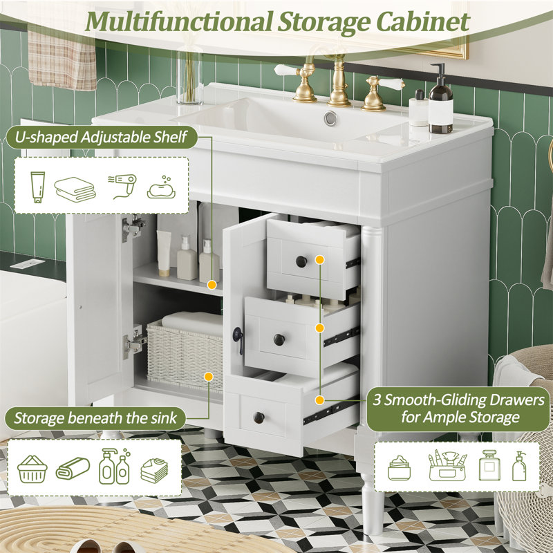 30"W Freestanding Bathoom Single Vanity with Ceramic Top, Drawr and Soft-Close Cabinet, White/Black