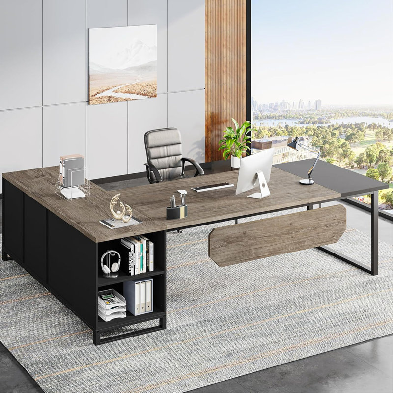 70.8" L-Shaped Executive Desk with 55" File Cabinet, Large Industrial Computer Workstation with Storage, Corner Office Desk for Home & Business, Retro Gray & Black