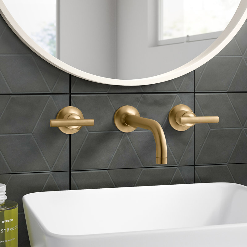 Purist Wall Mounted Bathroom Faucet, Vibrant Moderne Brushed Gold, Cross Handle
