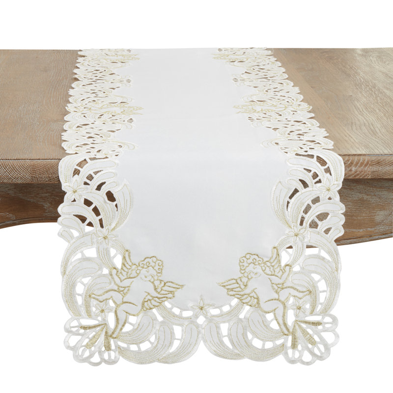 Embroidered Angel Cherub Holiday Table Runner, Red, 72" x 16"