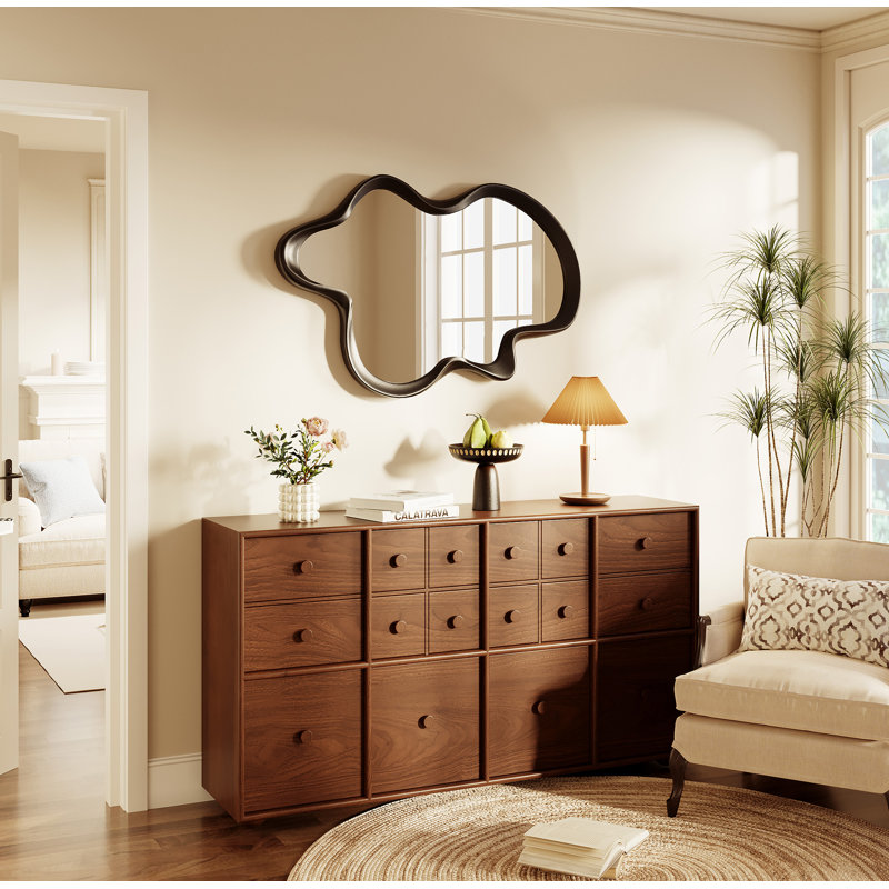 Irregular Wall Mirror, 24"x 36" Wooden Framed Wall Asymmetrical Wavy Wall Mirror for Entryway/Bedroom/Living Room/Washroom