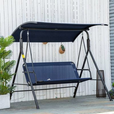 3 Outdoor Swing With Adjustable Canopy And Robust Stand. Dark Blue For Garden, Patio, Porch Poolside. Steel Frame, 528 Lbs Capacity. 69.55" Long X 43.48" Wide 60.89" High Patio - Spaces Poolside,