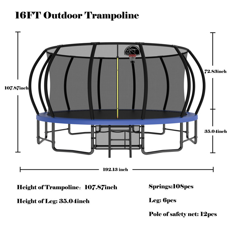 Trampoline d'extérieur 16 pi avec poteaux courbés et homologation ASTM, Bleu