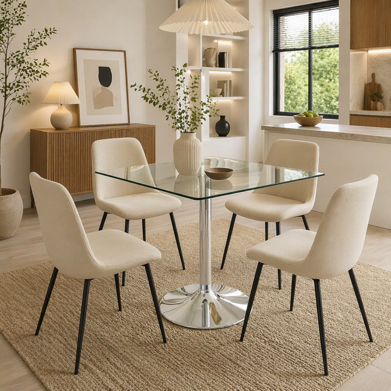 Table de salle à manger 38,5 pouces moderne minimaliste carrée en verre avec base en métal à colonne unique. Disponible en noir, or ou argent. Table de salle à manger à domicile. Convient pour 2 à 4 personnes. (Table seulement)