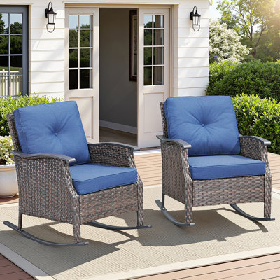 Outdoor Gliding Wicker Chairs Set Of 2, PE Rattan Patio Glider Chairs With Blue Cushions For Porch Or Backyard