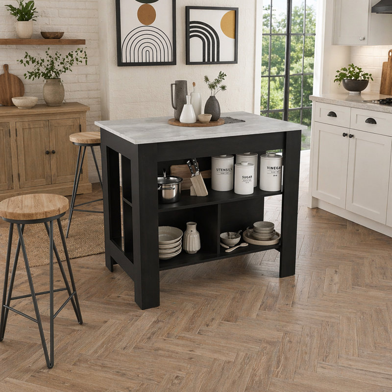 Îlot de cuisine, quatre pieds, trois tablettes - marbre noir / Ibiza, Marbre Ibiza, Noir, H 35,4 po x l 40,5 po x P 27,5 po