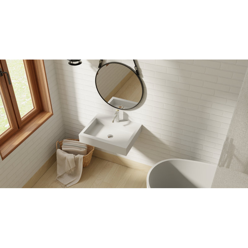 Lavabo de salle de bain mural rectangulaire en résine avec trop-plein 23,6 po x 18,8 po Badeloft WT-06-M-M, Blanc mat