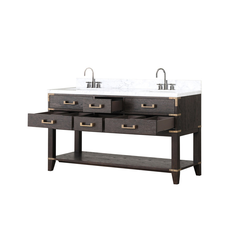 Ensemble de meuble-lavabo double P 22 po, comptoir en marbre de Carrare et robinet, Chêne brun