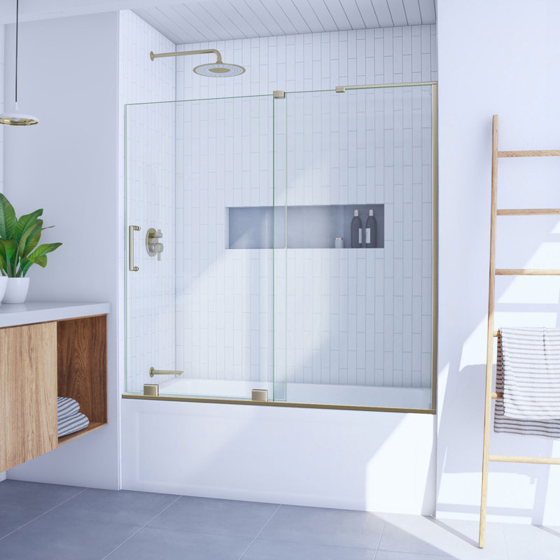 DreamLine Mirage-X 55 - 59 inch W x 58 inch H Frameless Sliding Tub Door, Brushed Gold/ Clear