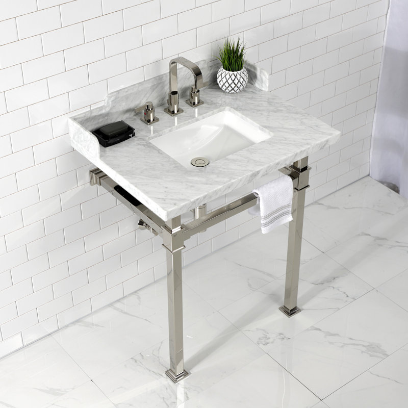 Kingston Brass Viceroy 30-Inch Carrara Marble Console Sink with Stainless Steel Legs (8-Inch, 3-Hole)