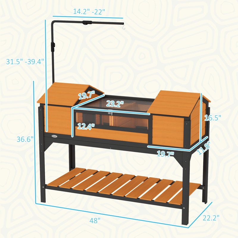 Habitat tortue avec support de lampe réglable, enceinte en bois avec tablette de rangement, deux maisons principales, plateau fixe, couvercle ouvrable, jaune