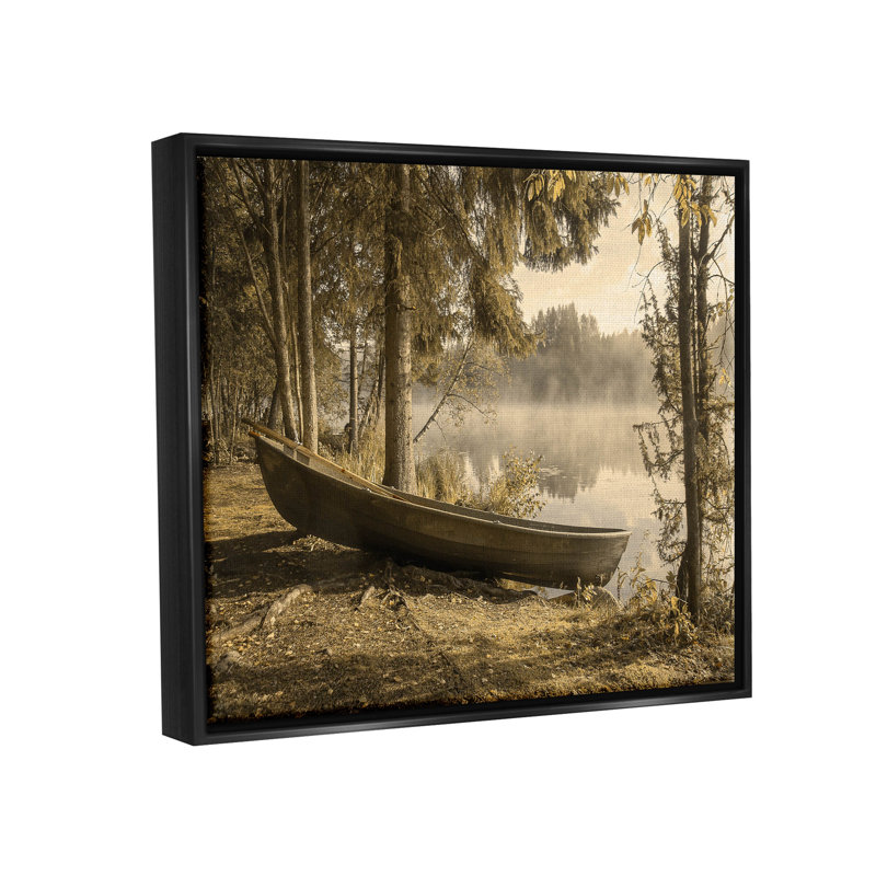 «Lakeside Canoe Forest Wilderness», art mural encadré par Lil 'Rue, H 17 po x l 21 po x P 1,7 po, Cadre flottant noir de jais