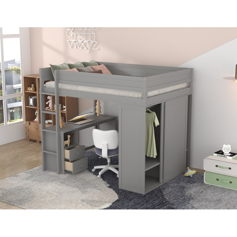 Lit mezzanine double avec tiroirs Hason Kids, gris